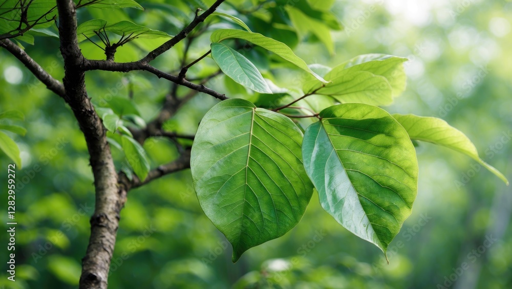 Green leaves on a tree branch with blurred natural background in a forest setting showcasing vibrant foliage and sunlight filtering through. Green leaves on a tree branch with blurred natural background in a forest setting showcasing vibrant foliage and sunlight filtering through.