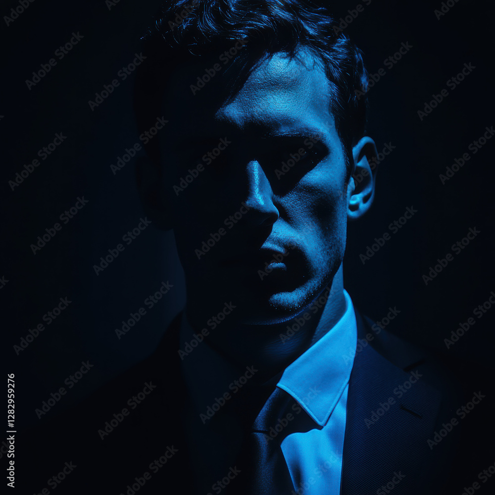 Obraz premium Dramatic portrait of a businessman in low light studio setting photography dark environment side view mystery concept