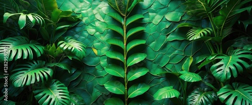 Tropical foliage background with various green leaves including monstera and other plant species for design purposes photo