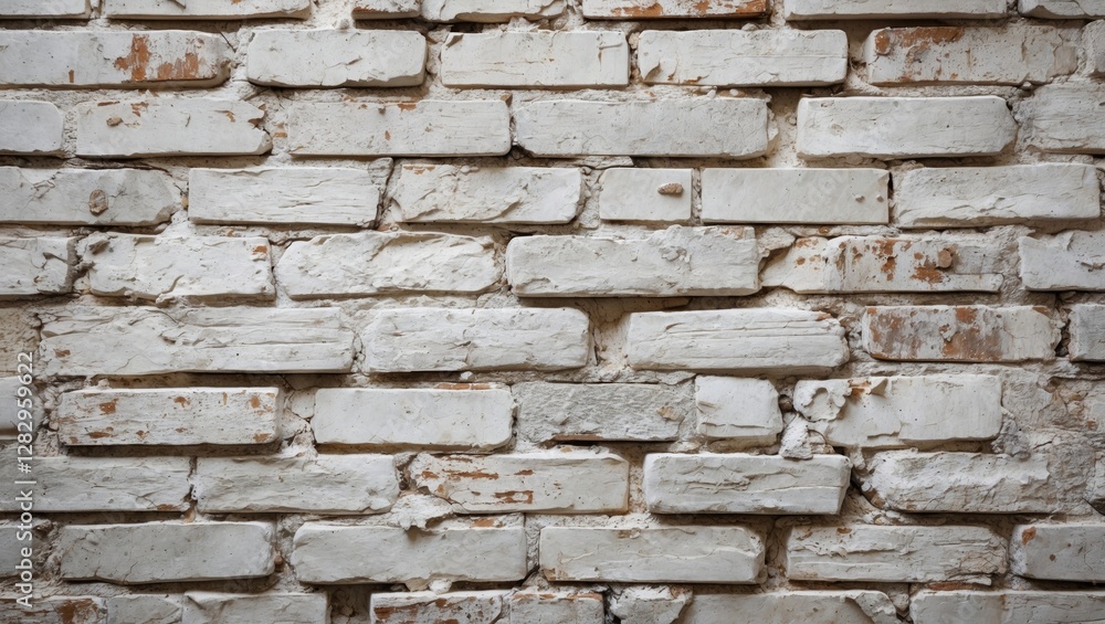 Fototapeta premium Whitewashed brick wall with distressed texture and peeling paint, ideal for rustic or vintage backgrounds.