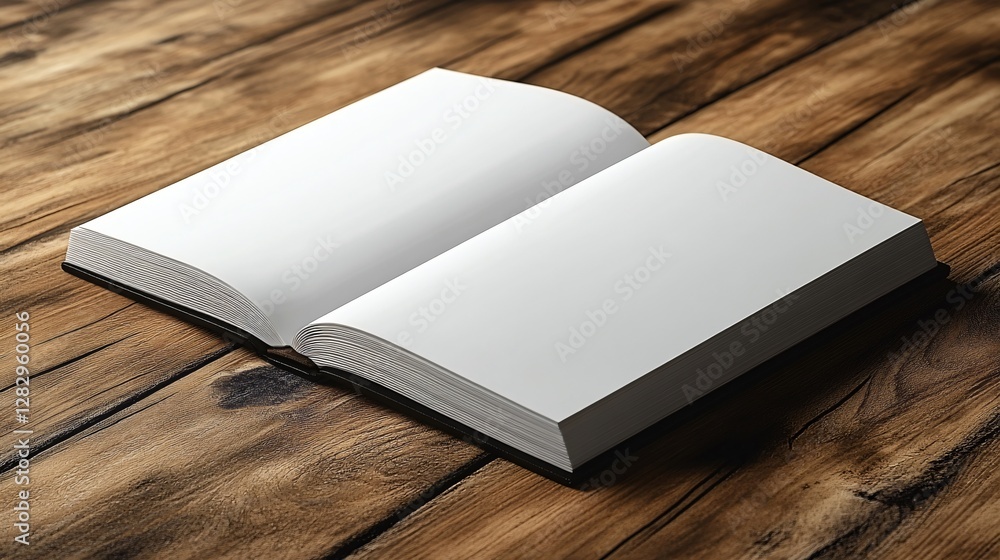 Fototapeta premium Minimalistic open notebook on a wooden table, perfect for study or journaling concepts.