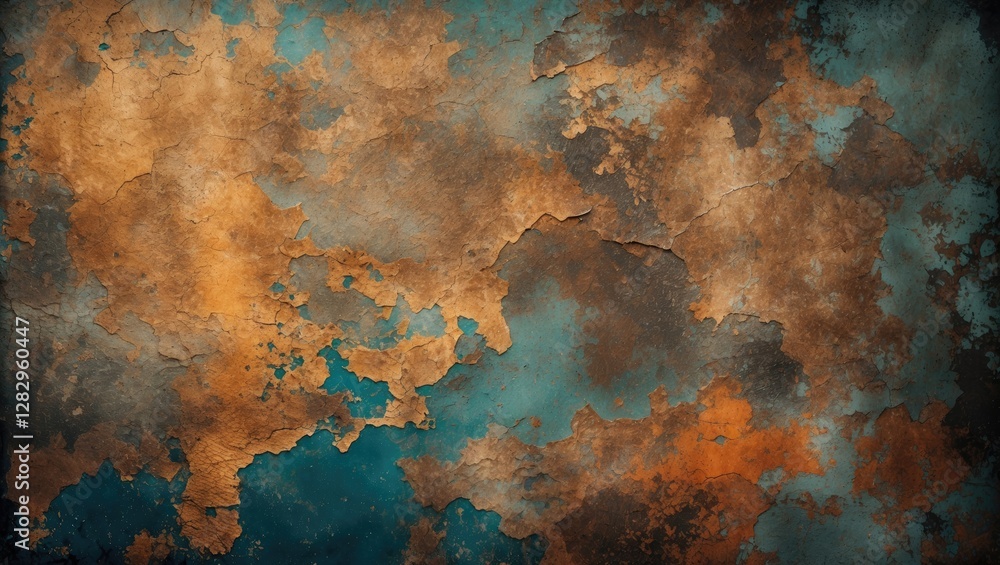 Abstract textured background with a mix of blue, orange, and brown tones resembling weathered surfaces or aged materials Abstract textured background with a mix of blue, orange, and brown tones resembling weathered surfaces or aged materials