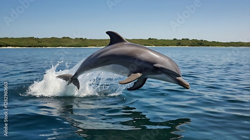 two dolphins jumping photo