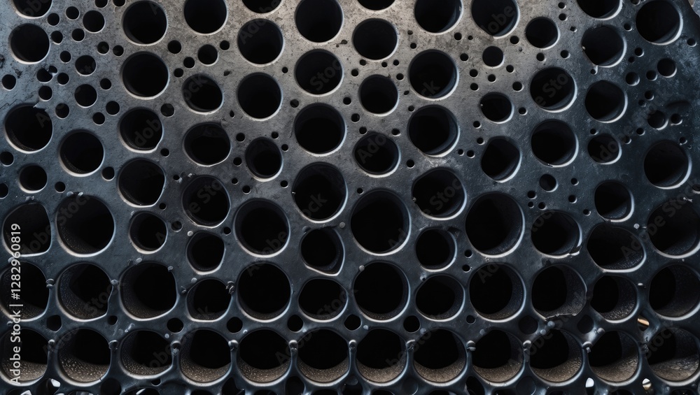 Naklejka premium Black textured surface with a pattern of various sized circular holes creating a visually striking abstract design
