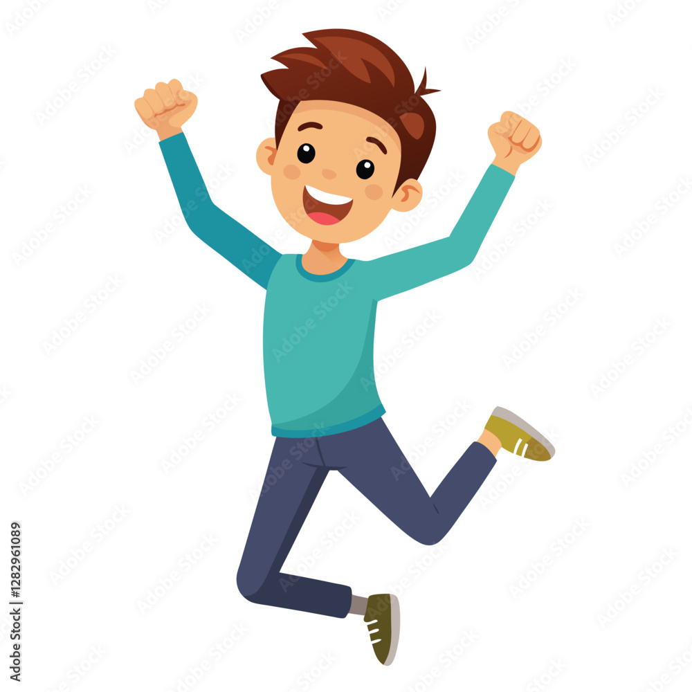 Happy boy jumping up in air. Excited joyful teenager celebrating, flying in air in dynamic energetic emotional pose with fists, arms gesture. Flat vector illustration isolated on white background Happy boy jumping up in air. Excited joyful teenager celebrating, flying in air in dynamic energetic emotional pose with fists, arms gesture. Flat vector illustration isolated on white background