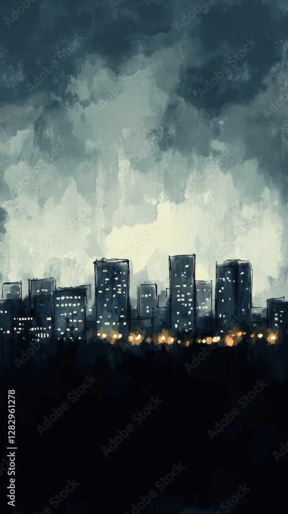 Obraz premium Dark Urban Skyline with Glowing Lights in Atmospheric Scene