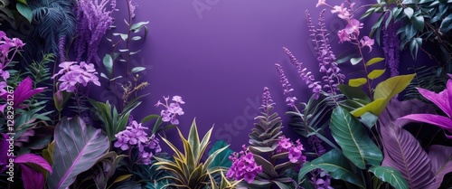 Purple floral arrangement with various tropical plants and flowers against a solid purple background