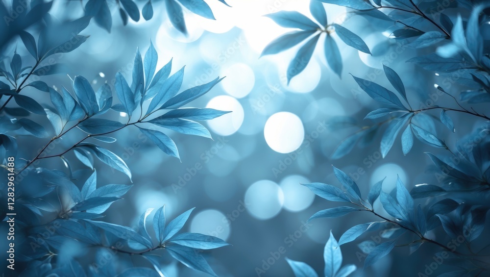 Blue leaves with soft bokeh background creating a tranquil and serene atmosphere ideal for nature-themed designs. Blue leaves with soft bokeh background creating a tranquil and serene atmosphere ideal for nature-themed designs.
