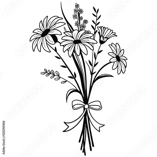An intricate line drawing of a floral arrangement, showcasing multiple daisy flowers and leaves, bound by a decorative bow. Ideal for use in floral-themed artwork, invitations, or textile patterns.