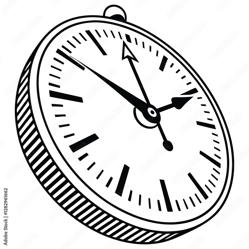 A black and white illustration of a classic pocket watch with Roman numerals and detailed engravings, showing the time at approximately 10:10. The watch is tilted, giving a three-dimensional perspecti A black and white illustration of a classic pocket watch with Roman numerals and detailed engravings, showing the time at approximately 10:10. The watch is tilted, giving a three-dimensional perspecti