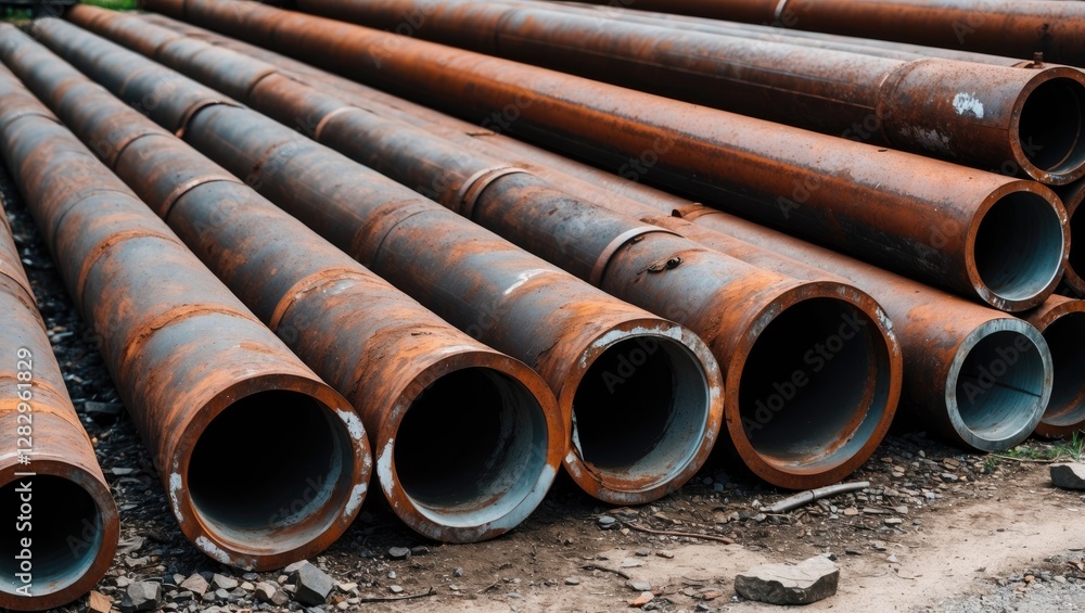 Rusty metal pipes stacked on the ground in an industrial setting showing wear and tear with a rocky surface in the background Rusty metal pipes stacked on the ground in an industrial setting showing wear and tear with a rocky surface in the background