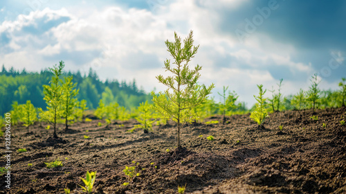 Reforestation landscape with young trees and seedlings in a freshly planted area showing new growth and environmental recovery. Tree planting concept