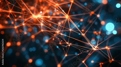 Abstract interconnected network of glowing nodes and lines representing data flow visualization and technological communication infrastructure with complex connections