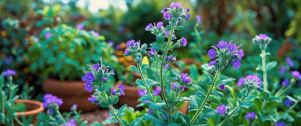 vibrant purple flowers in a lush garden with green foliage and terracotta pots in the background during daylight hours vibrant purple flowers in a lush garden with green foliage and terracotta pots in the background during daylight hours