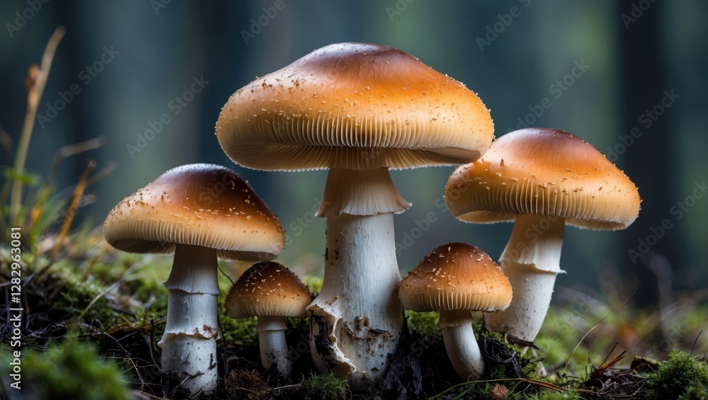 Cluster of edible mushrooms with brown caps and white stems surrounded by green moss in a forest setting Cluster of edible mushrooms with brown caps and white stems surrounded by green moss in a forest setting