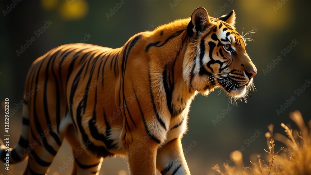 Obraz premium Majestic orange tiger strides through sunlit grassland, its dark stripes contrasting beautifully against the golden light, a symbol of untamed wilderness