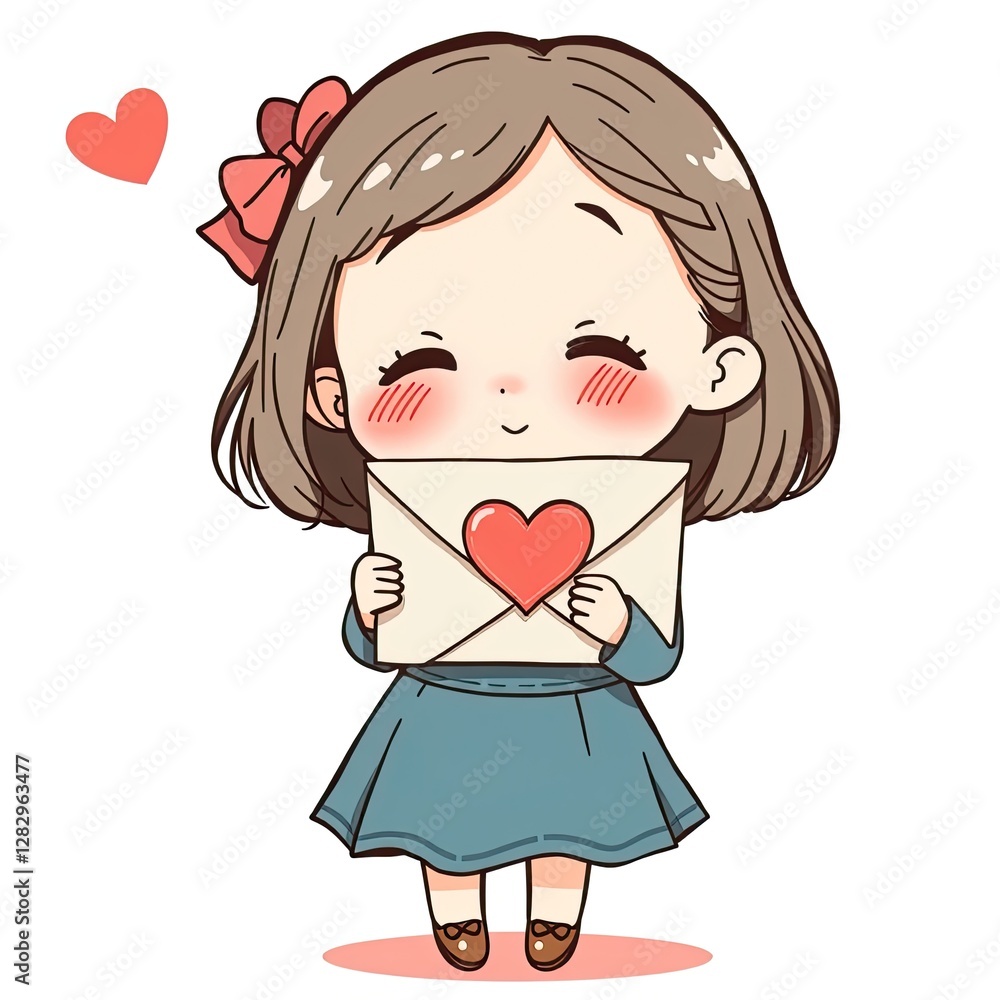 Happy girl holding love letter with heart design Happy girl holding love letter with heart design