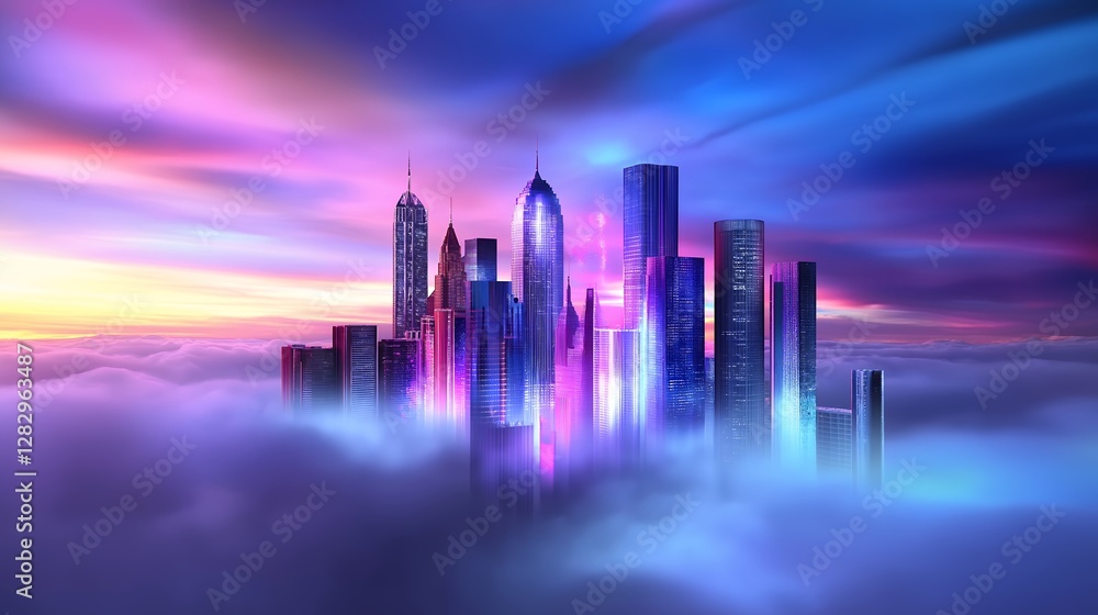Fototapeta premium Vibrant Cityscape Silhouetted Against Dramatic Sky with Purple and Blue Clouds at Sunset