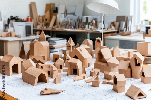 Cardboard model houses on architectural blueprints.