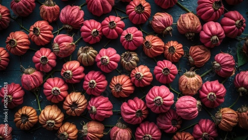 Wallpaper Mural variety of small decorative pumpkins arranged closely on a textured surface in shades of orange and pink with green stems Torontodigital.ca