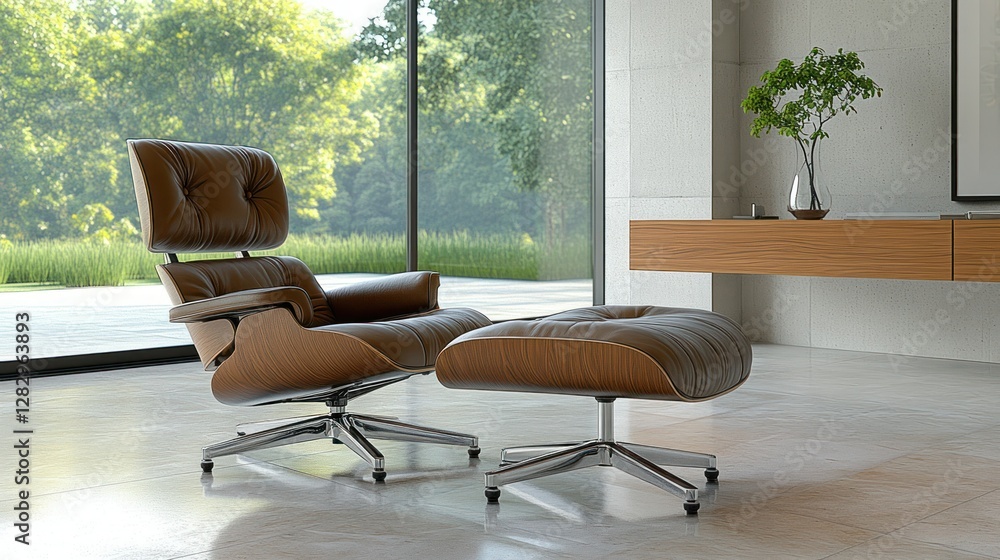 Fototapeta premium Modern lounge chair and ottoman in a light-filled room overlooking a garden