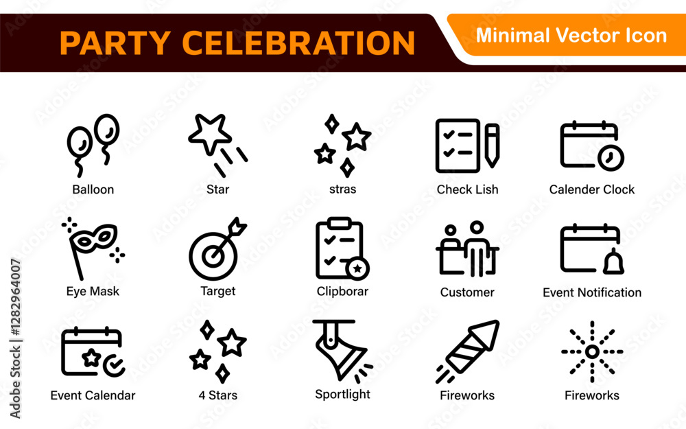 Celebration and Party Icons. Vector Icons for Birthdays, Holidays, Festivals, Fireworks, and Event Decorations Celebration and Party Icons. Vector Icons for Birthdays, Holidays, Festivals, Fireworks, and Event Decorations