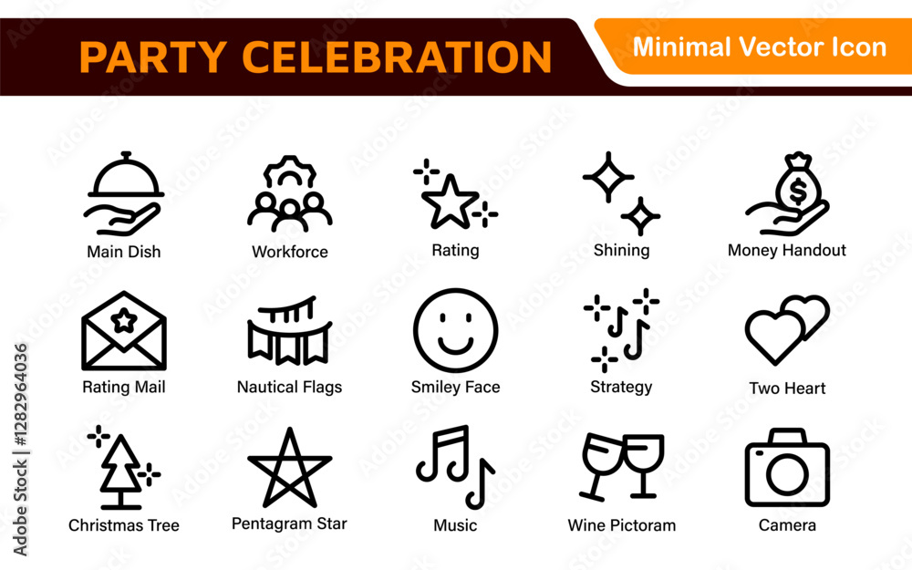 Celebration and Party Icons. Vector Icons for Birthdays, Holidays, Festivals, Fireworks, and Event Decorations Celebration and Party Icons. Vector Icons for Birthdays, Holidays, Festivals, Fireworks, and Event Decorations