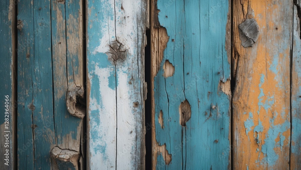 Weathered wooden planks in blue, white, and orange tones with peeling paint and visible textures Weathered wooden planks in blue, white, and orange tones with peeling paint and visible textures