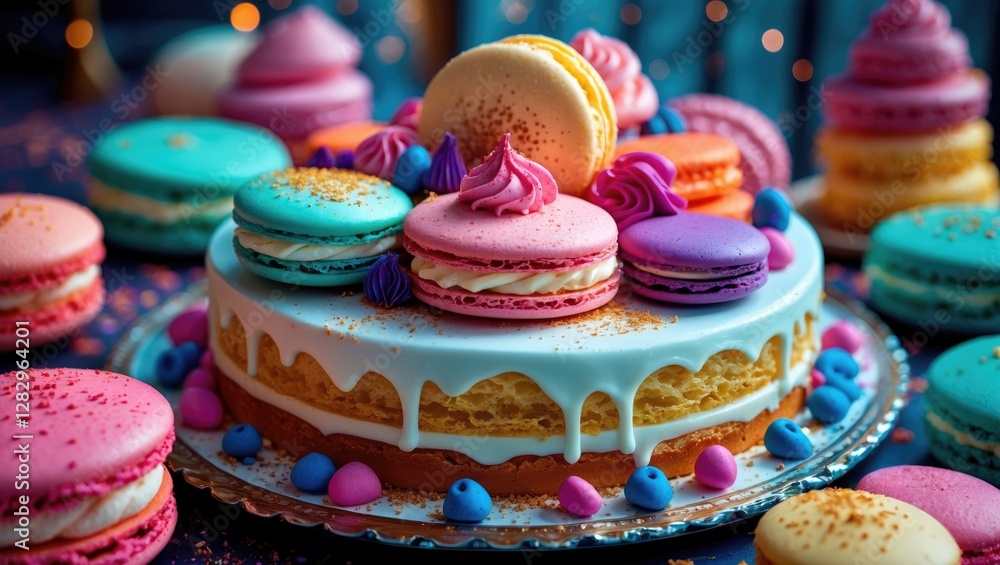 Colorful dessert table featuring a cake topped with macarons and decorative pastries on a sparkly surface with soft lighting Colorful dessert table featuring a cake topped with macarons and decorative pastries on a sparkly surface with soft lighting