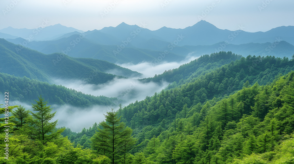 Fototapeta premium Misty mountain range with lush green forests and valleys.