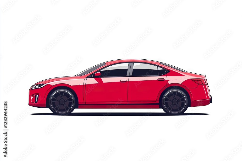 Stylized red sedan car showcased in a profile view Stylized red sedan car showcased in a profile view