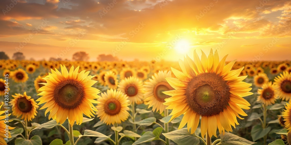 Fototapeta premium Softly glowing sunflower fields with yellow and cream hues fading into a gradient of light beige at dawn, dawn, nature