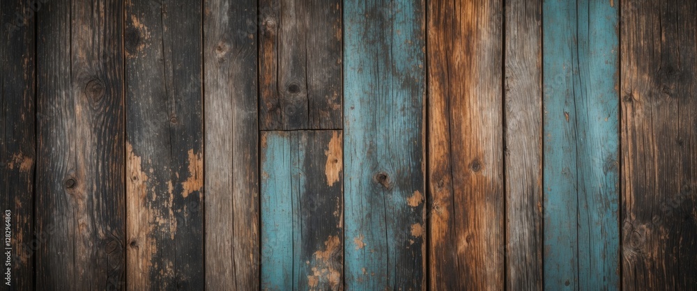 Naklejka premium Wooden plank wall with a mix of dark brown, weathered wood and blue-painted planks, showcasing texture and rustic appearance.