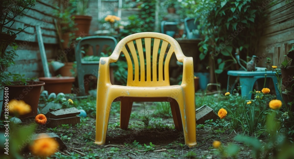 Yellow plastic chair in a garden surrounded by blooming flowers and various garden pots with green foliage in the background Yellow plastic chair in a garden surrounded by blooming flowers and various garden pots with green foliage in the background