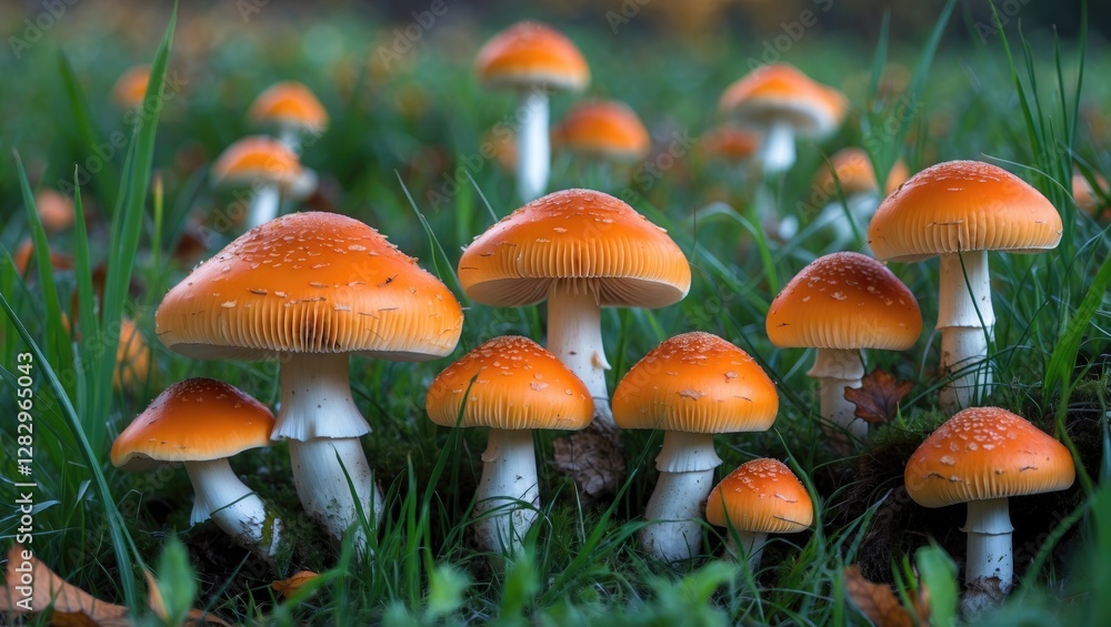 Group of vibrant orange mushrooms in a green grassy field after rain with water droplets on caps under natural light. Group of vibrant orange mushrooms in a green grassy field after rain with water droplets on caps under natural light.