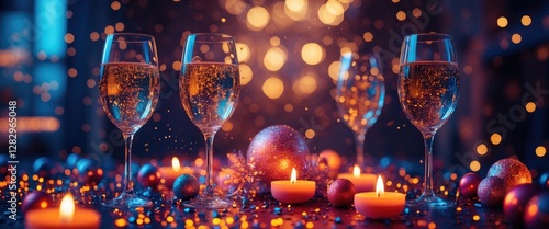 Champagne glasses with sparkling drinks surrounded by candles and festive decorations on a celebratory table during festive season photo