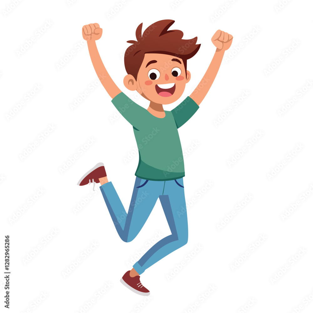 Fototapeta premium Happy boy jumping up in air. Excited joyful teenager celebrating, flying in air in dynamic energetic emotional pose with fists, arms gesture. Flat vector illustration isolated on white background