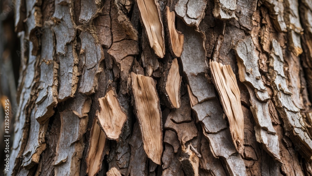 Close-up texture of rough tree bark with peeling layers and natural patterns in earthy tones Close-up texture of rough tree bark with peeling layers and natural patterns in earthy tones