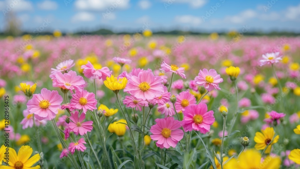 Field of colorful wildflowers with pink and yellow blossoms under a blue sky with fluffy white clouds on a sunny day Field of colorful wildflowers with pink and yellow blossoms under a blue sky with fluffy white clouds on a sunny day