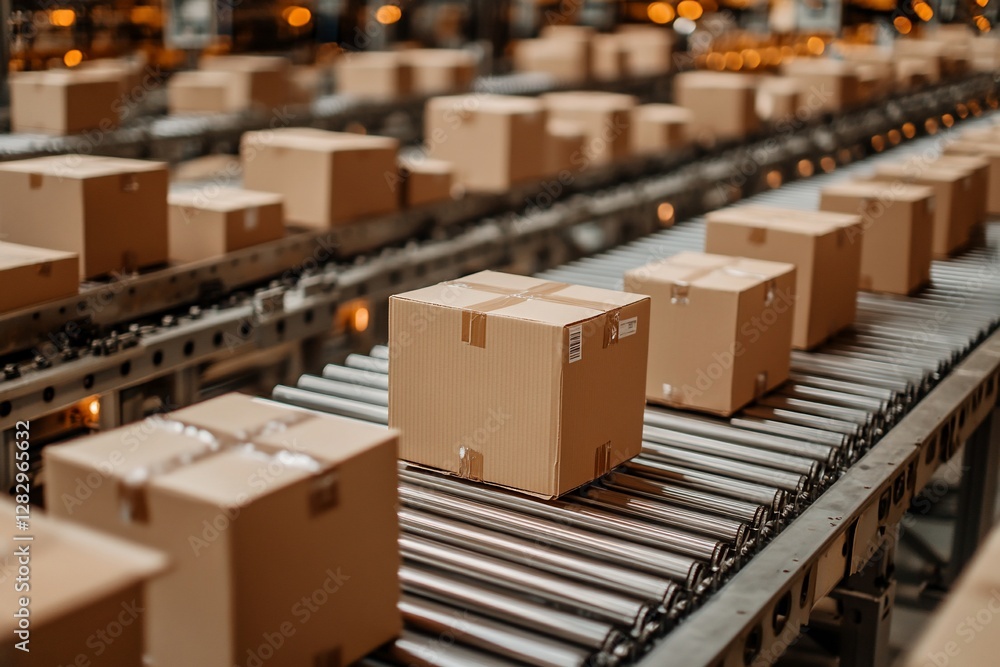 Numerous Brown Cardboard Boxes Moving Along a Modern Roller Conveyor Belt in a Warehouse Setting Numerous Brown Cardboard Boxes Moving Along a Modern Roller Conveyor Belt in a Warehouse Setting