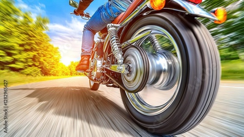 Close-up of a biker riding at high speed down an empty road freedom and travel