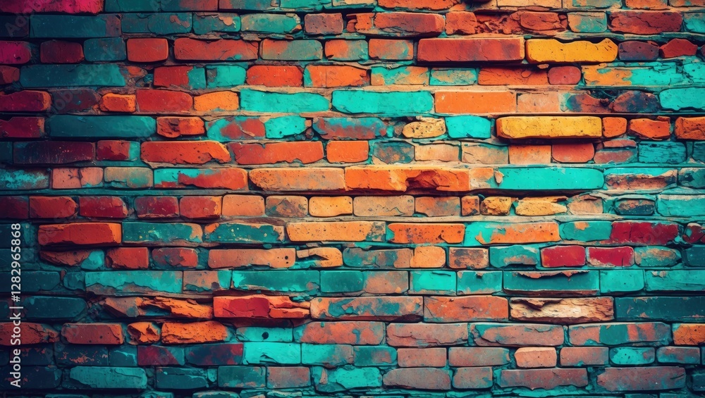 Fototapeta premium Colorful weathered brick wall with orange, turquoise and red hues, abstract textured background for design or artistic projects