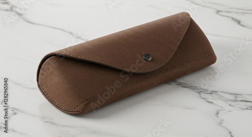 A sleek brown leather eyeglass case with a button closure, resting on a marble surface. Its durable, stylish design provides secure protection for glasses and sunglasses.