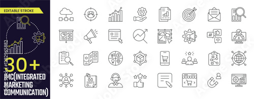 Integrated Marketing Communication Stroke icon collections. Containing communication, set, imc, link, content, hashtag, support, and more icons. Editable Stroke icon collection Outline icon