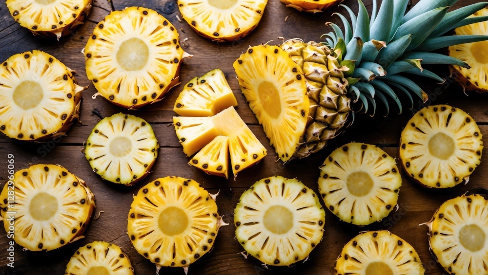 Pineapple slices arranged on wooden surface with whole pineapple and cut pieces displaying vibrant yellow color and texture Pineapple slices arranged on wooden surface with whole pineapple and cut pieces displaying vibrant yellow color and texture