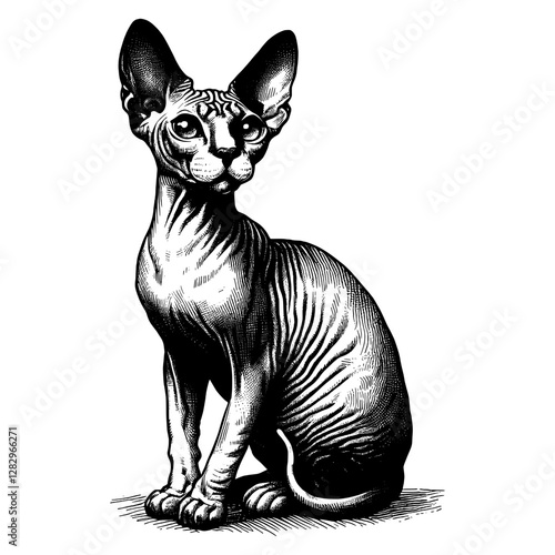 Line art drawing of Sphynx cat's ink sketch kitten vector hand drawn illustration background