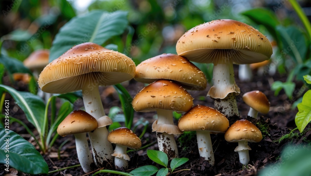 mushroom cluster with brown caps growing in green foliage on forest floor in natural light setting mushroom cluster with brown caps growing in green foliage on forest floor in natural light setting
