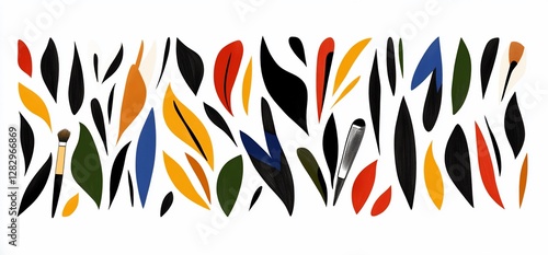 Colorful abstract leaves and paintbrushes pattern.