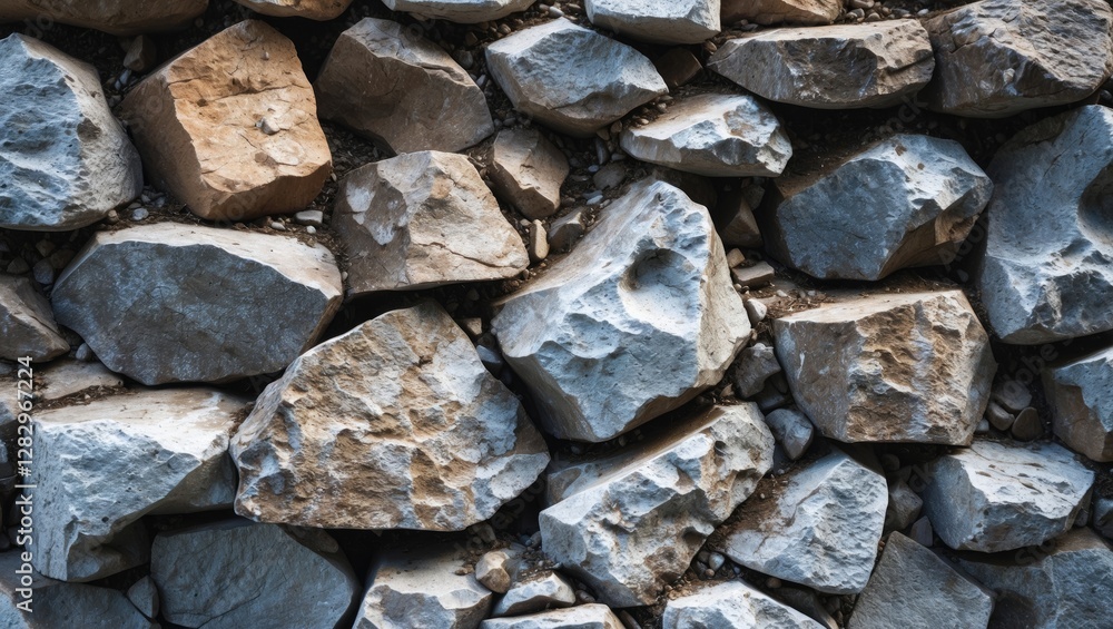 Textured wall made of various sizes of natural stones arranged in an organic pattern with shadows and highlights from natural light. Textured wall made of various sizes of natural stones arranged in an organic pattern with shadows and highlights from natural light.