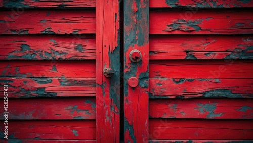 Weathered red wooden door with peeling paint and visible textures and knots in the wood grain. photo